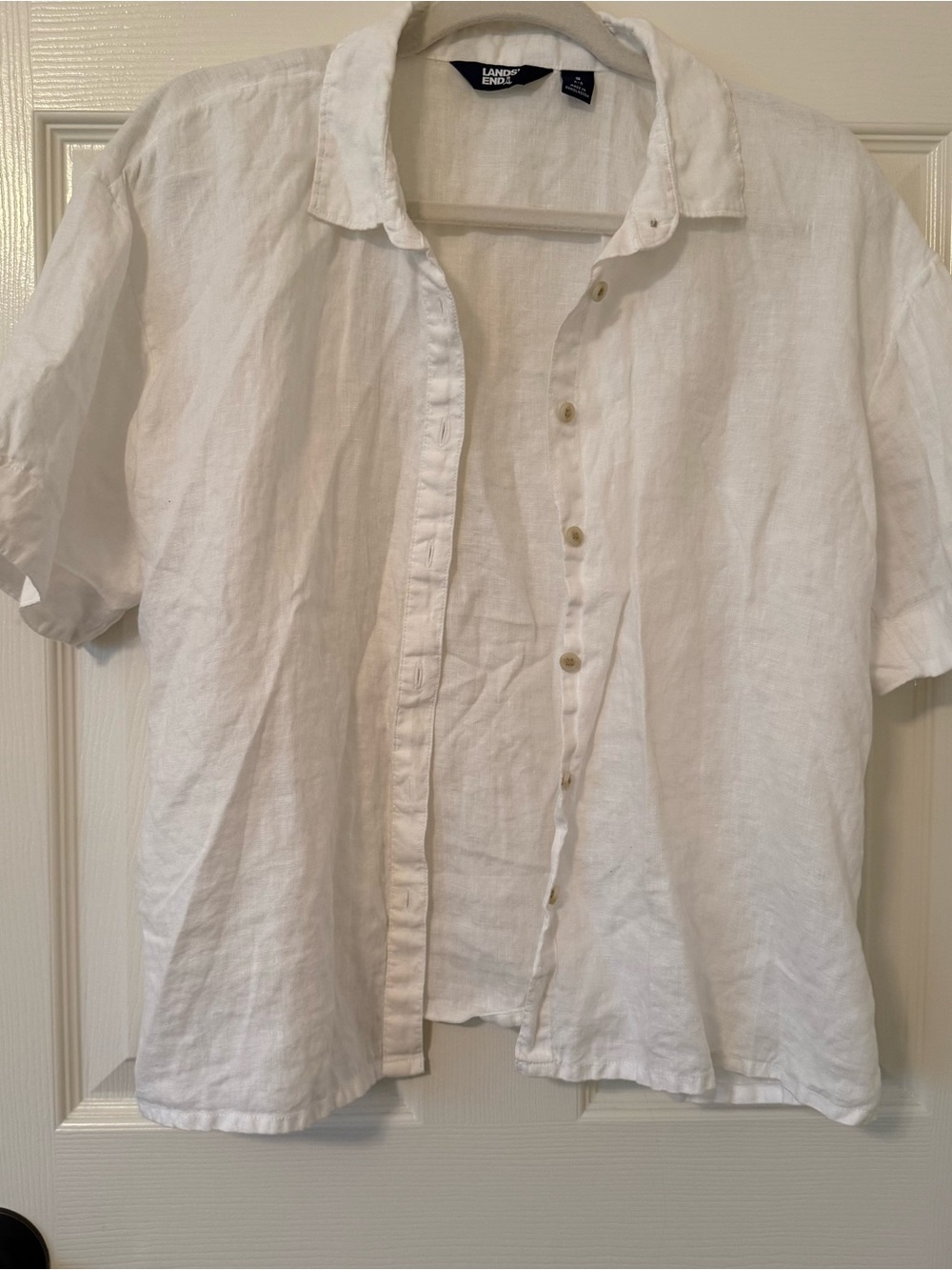 Lands' End White Linen Short-Sleeve Button-Down Shirt classic timeless